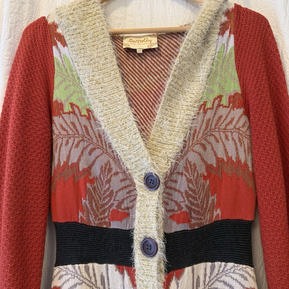 Anthropologie Lia Molly New Orleans Holiday Fern Hooded Cardigan XS Boho Artsy - Picture 5 of 14